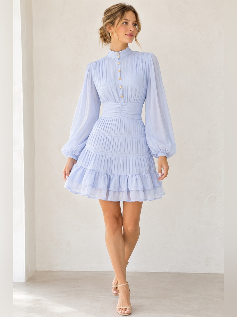 Commense soft blue Pleated Button Long Sleeve Ruffled‎ Mini Dress XS  New